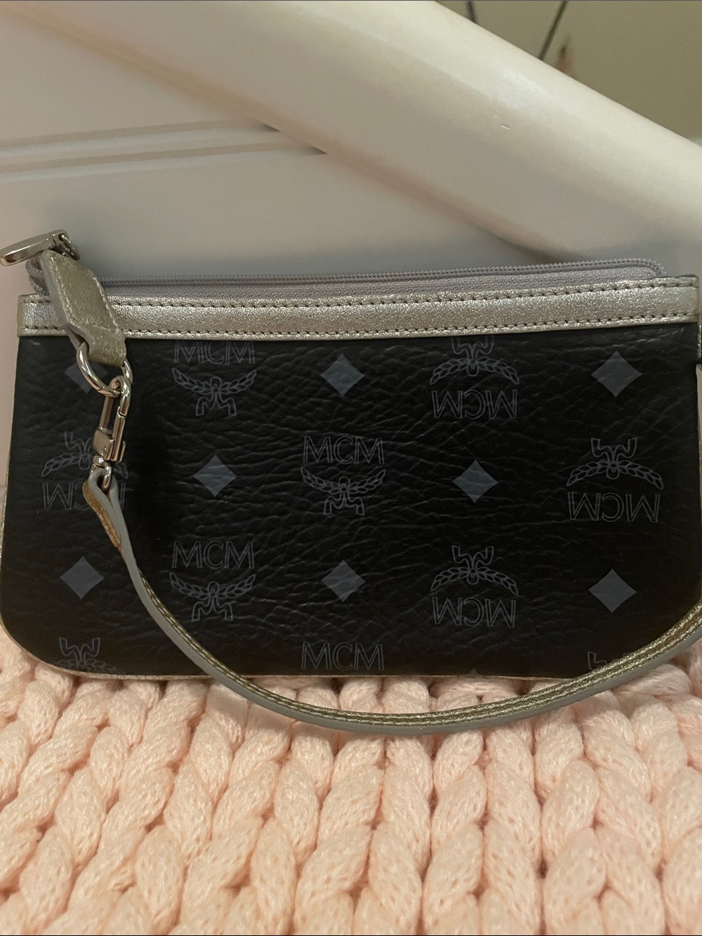 MCM Black Wristlet with Silver Trim